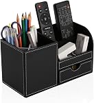 KINGFOM Organisateur de bureau fournitures de bureau Caddy Pu en cuir boîte de stockage multifonctions stylo/pencil, téléphone cellulaire, cartes de nom d'entreprise support de télécommande avec petit tiroir noir