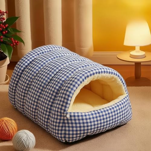 XI LAI.F 猫 犬 ベッド ハウス - 半密閉型デザインの冬用保温ペットハウス 洗える取り外し可能クッション付き 超柔短毛フワフワ素材 PP綿高弾力ドーム型 2WAY開閉式&折りたたみ式 室内用小型犬猫兼用 おしゃれで暖かいペットベッド(ブルー(65
