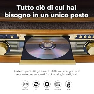 Denver MCR-50 – Giradischi Vintage con Lettore Vinili, Radio AM/FM, CD, Cassetta, USB MP3 – Giradischi Vinile con Casse Integrate – Gira Dischi per Vinili Retrò