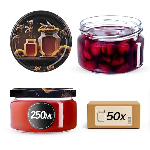 KADAX Lot de 50 pots à confiture 250 ml avec couvercle à visser Ø 82 mm en couleur miel - hermétiques, lavables au lave-vaisselle, idéal pour confiture, chutneys, légumes marinés, viande, pâtés