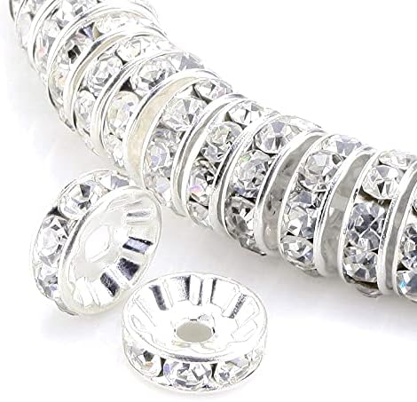 Weebee 100Pcs Rondelle Spacer Beads Crystal Charms Silver Plated Czech Rhinestone Loose Beads for Jewelry Making DIY Bracelets (White, 4mm)