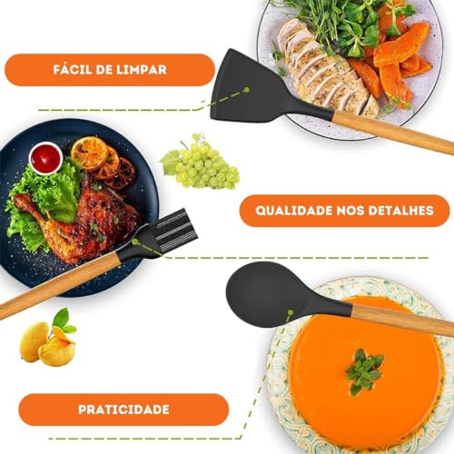 Kit de Utensílios de Cozinha em Silicone com Cabo de Madeira 19 Peças - Qualidade Premium para uma C