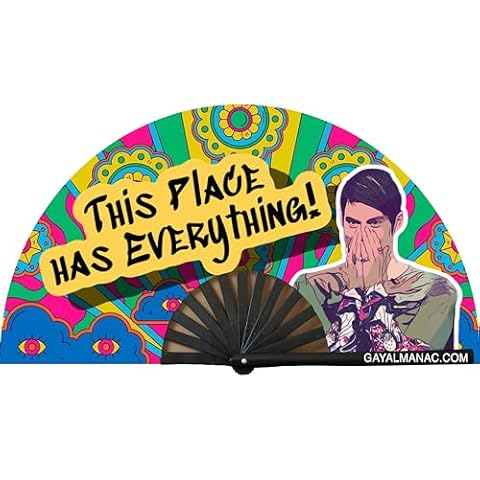 PandaTak Gay Pride Folding Hand Fans, Funny Large 13" Bamboo Fan with UV Reactive Ink, for LGBTQ Circuit Parties EDM Festivals and Raves (This Place Has Everything Stefan) Cover