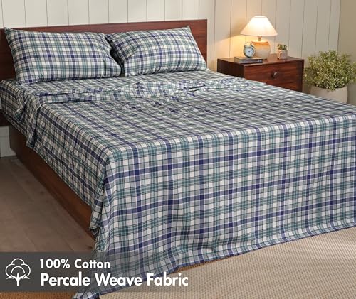 Image of RUVANTI 100% Cotton Percale Sheets Twin Size, Greenish Blue Plaid | Crisp Cooling, Deep Pocket 16 inch, Soft Breathable & Durable, Hotel-Style, 3 Piece Set