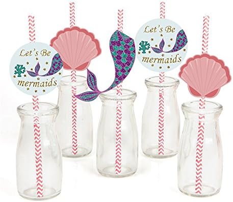 Mermaids Theme Paper Straw Decoration - Baby Shower or Birthday Party Striped Decorative Straws - Set of 36