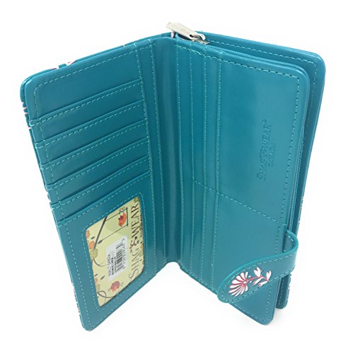Shag Wear Shark Pattern Large Wallet for Women and Teen Girls Vegan Faux Leather Teal 7"4