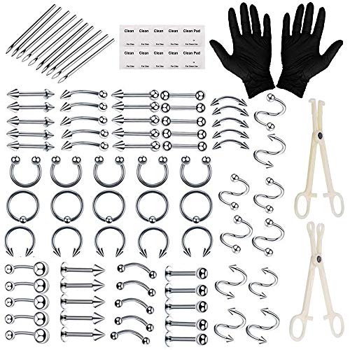 Piercing Kit - Autdor 94Pcs Professional Body Piercing Kit Includes Piercing Jewelry Piercing Needles 14G 16G Piercing Clamps Belly Ring Tongue Tragus Nipple Lip Nose Ring Body Piercing Tools