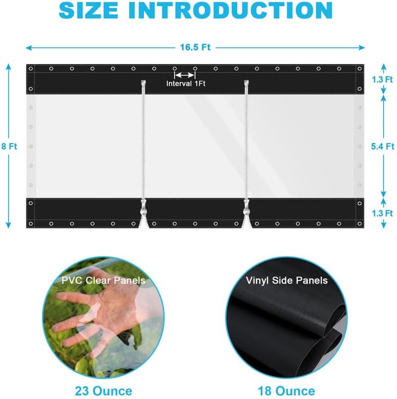 clear vinyl curtains with zippered entry, 23oz heavy duty waterproof anti-uv and tear-resistant tarpaulin with grommets, weatherproof panels for porch, pergola, gazebo, balcony, patio, enclosure black (double zipper) 8'h x 16.5'w
