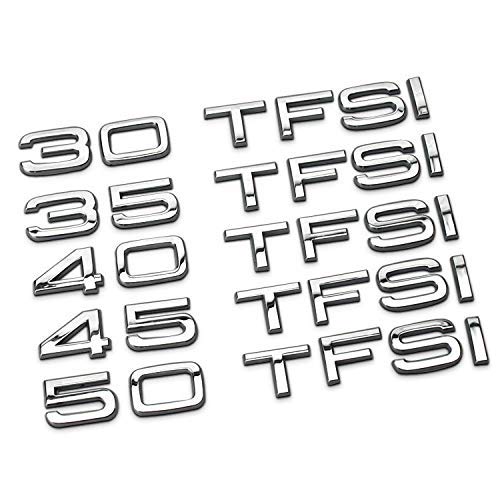 PT-Decors Pegatinas de Metal Plateado 30 35 40 45 50 TFSI con símbolo de número de Letra para Guardabarros Lateral de Coche, Ventana, Parachoques, Maletero, calcomanía Exterior