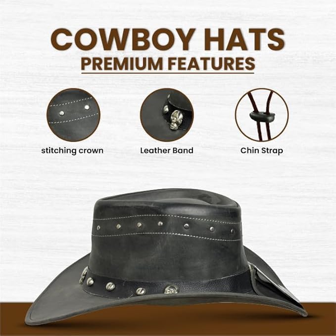 Black Danakil Leather Cowboy Hat for Men & Women – Top Grain Leather Western Hat with Skull & Stud Design, Shapeable Brim