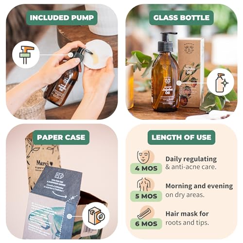 BIONOBLE Organic Jojoba Oil Cold Pressed Unrefined - Balances Sebum, Smoothes, Anti-Acne - 100% Pure Jojoba Oil for Skin, Face, Hair, Body - Vegan, Hexane Free - Glass Bottle and Pump - 200ml - Image 3