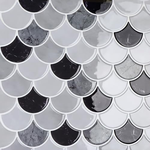 CRE8TIVE 4 Sheets Black Grey Peel and Stick Backsplash Tile for Kitchen Fish Scale Peel and Stick Wall Tiles Adhesive Backsplash Stick on Tiles 12"x12" 3D Shell Tile Stickers for Bathroom Laundry Room