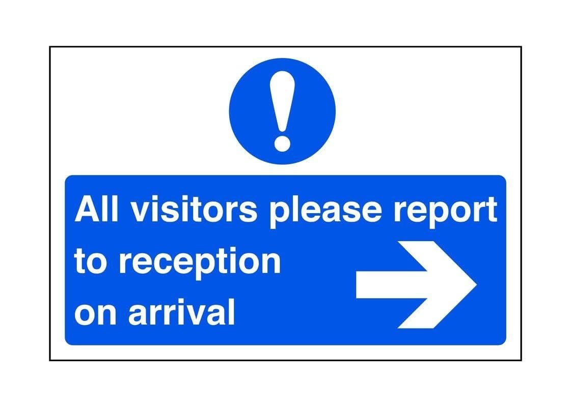 Visitors please report to reception "arrow right" - safety sign - High tack self-adhesive sticker (300mm x 200mm) Viewing Distance within 7m.