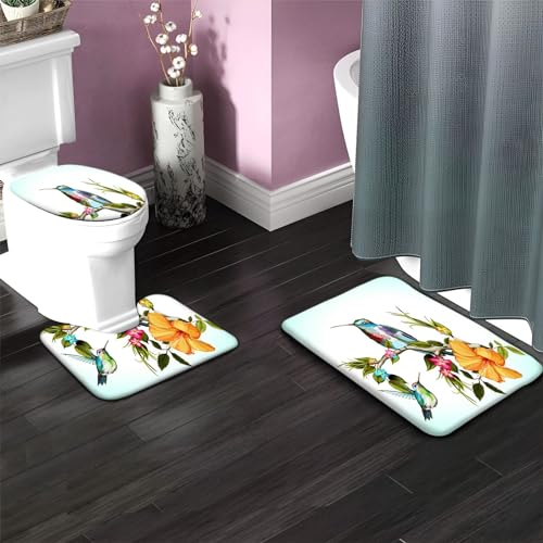 Badezimmerteppich Set Kolibri-Blume Badgarnitur 3 Teilig Mikrofaser Badematten Set rutschfest U FöRmige Duschvorleger Super weich, Schnell Trocknend WC-Garnitur Teppich – Bild 5