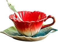 Vista 9 de WAYUTO Juego de taza de café y platillo de cerámica 3D con cuchara, hoja de flor, taza de café, taza de té con mango decorativo, tazas florales Rosa