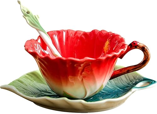 Miniatura 7 de WAYUTO Juego de taza de café y platillo de cerámica 3D con cuchara, taza de café de girasol, taza de té con mango decorativo, tazas florales