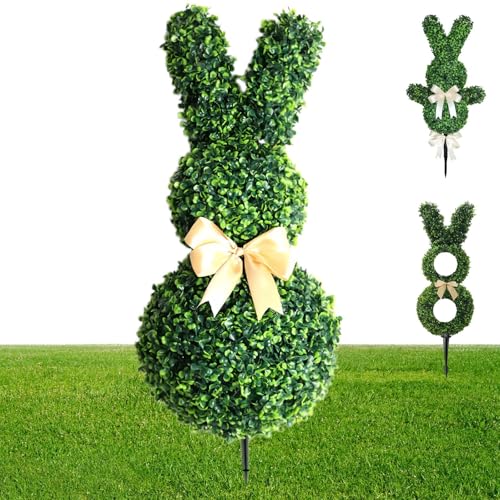 Easter Bunny Topiary Outdoor 22/27 Inch Artificial Boxwood Bunny Topiary with Ground Spike Uv-Resistant Rabbit Topiary Trees for Porch Garden Patio Spring Easter Outdoor Decor (1 22in-A)