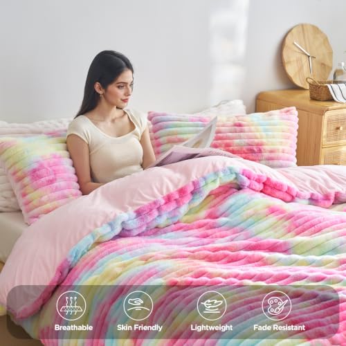 Image of Besfunny Rainbow Fluffy Comforter Cover Queen Size ,Plush Striped Bedding 3pcs Set(1 Fuzzy Duvet Cover+2 Fur Pillow Cases ) Faux Fur Luxury Bed Set (Rainbow, Queen)
