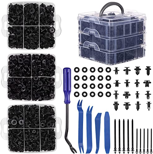 FAOKZE 835 PCS Clips Remaches Plástico, Clips de fijación para coche, 16 tamaños Universal Auto Clips De Nylon con Herramientas de Desmontaje Bridas y Cojines Esponjosos para Guardabarros Parachoques