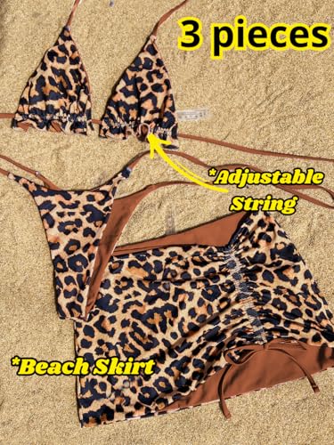 Image of ShawGobow Womens 3 Piece Leopard Bikini Set,Triangle String High Cut Thong Sexy Swimsuit & Coverup Skirt,Pool Party Outfit