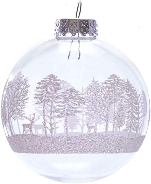 Kurt Adler 80MM Clear with White Tree Design Glass Ball Ornaments, 6 Piece Box