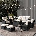 LayinSun 10 Pieces Outdoor Patio Furniture Set with Fire Pit Table, Rattan Wicker Sectional Swivel Rocker Chairs Sets