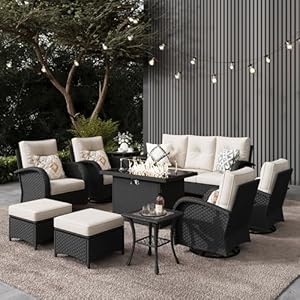 LayinSun 10 Pieces Outdoor Patio Furniture Set with Fire Pit Table, Rattan Wicker Sectional Swivel Rocker Chairs Sets LayinSun 10 Pieces Outdoor Patio Furniture Set with Fire Pit Table Rattan Wicker Sectional Swivel Rocker Chairs Sets