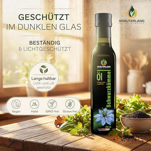 Kräuterland Schwarzkümmelöl 250ml, ungefiltert, kaltgepresst, Omega 3-6-9, ohne Zusatz von Aromen & Konservierungsstoffe, hoher Thymochinin, mild, mühlenfrisch aus unsrer hessischen Ölmühle