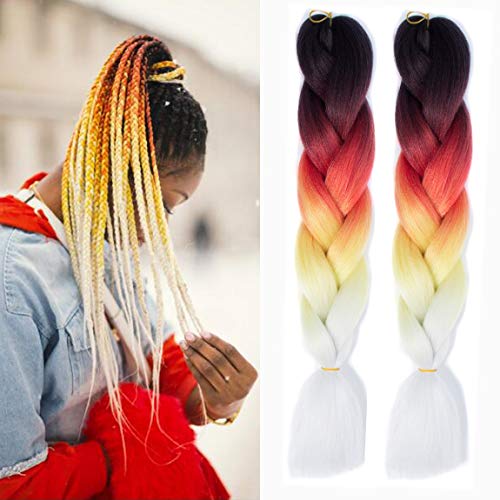 MSCHARM 5Pcs Synthetic Braiding Hair Extensions Ombre Twist Braiding Hair High Temperature Hair Extensions for Women Daily or Party Use 100g/Pcs 24Inch(Black-Red-Yellow-White)