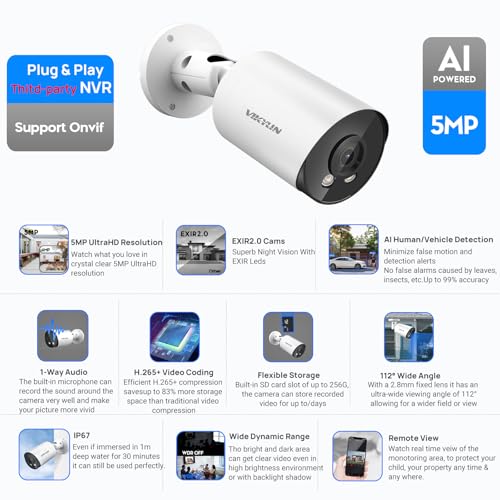 Image of VIKYLIN 5MP Bullet PoE IP Camera Outdoor, 5MP Bullet Security Camera with Human Vehicle Detection, 2.8mm Lens, 98ft IR Night Vision, Built-in Mic, MicroSD 256GB,WDR, IP67, Blue Iris, NDAA Compliant