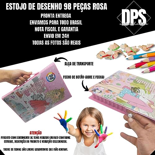 Estojo De Pintura Com 98 Peças Para Meninas Kit Escolar Rosa 98 Peças Estojo Maleta Pintura Desenhar