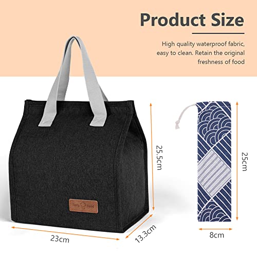 Vicloon Lunch Bag, Klein Lunchtasche, Faltbare Isoliertasche, Thermotasche mit Folienfutter, Mittagessen Tasche für Unterwegs, Arbeit, Schule, Ausflug Lebensmitteltransport - Schwarz