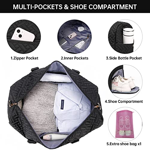Image of Duffle Bag for Travel, Weekender Bag with Shoe Compartment, Carry On Overnight Bag for Women with Toiletry Bag, Gym Bag with Wet Pocket, Hospital Bags for Labor and Delivery Beige, Black-Small