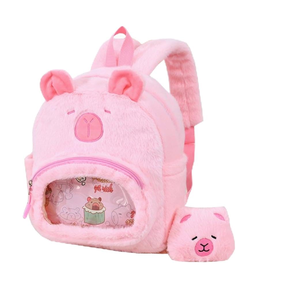 e-super Pink Capybara Furry Backpack for Girls Bookbag Bag Animals Plush Shoulder Travel Bag with a Doll in Transparent Window