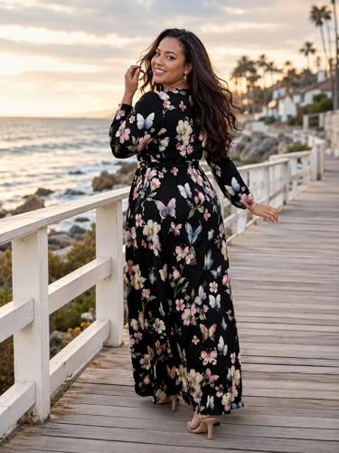 Image of PinkPatty Women's Long Sleeve Maxi Dress Plus Size Trendy Wedding Guest Wrap Dress with Pockets&Belt