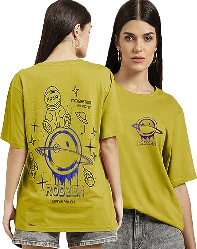 RodZen Oversized Cotton Blend Round Neck Graphic Printed Loose Fit T-Shirt for Womens/Girls (Mustard, XL)