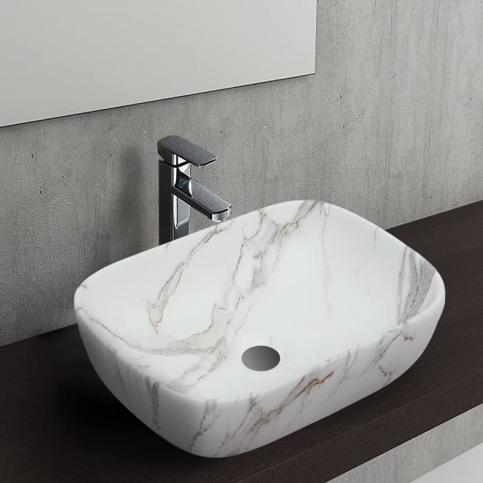 Image of REMOTION Designer Glossy Finish Table Top Ceramic Wash Basin Vessel Sink with Slim Rim |Collapsible Wash Basin | Vessel Sinks For Bathrooms (White-Grey Wash Basin, 18 x 13 x 5.5 Inch)