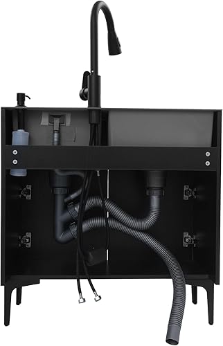 Miniatura 4 de Fregadero de lavandería de 30 pulgadas con gabinete y grifo rociador extraíble, gabinete de fregadero de cocina de acero inoxidable con cesta de