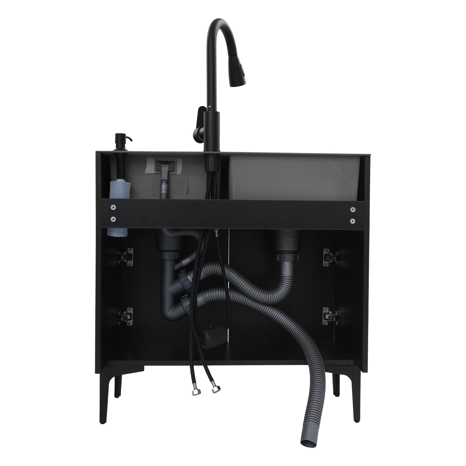 Spültisch 75 cm Breit Küche Spüle mit Unterschrank 2 Becken Ausziehbar Küchenarmatur Abtropffläche Seifenspender Abflussrohr Abflusssieb 360° Drehbarer Wasserhahn