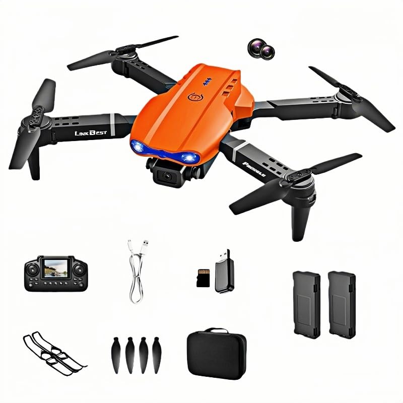 E99 Nova Drone con Telecomando a Schermo 2.4",Doppia Fotocamera SD Regolabile a 90°,Posizionamento Ottico,Fotografia a Gestuale - Drone Pieghevole per Adulti e Principianti con Autonom (orange)