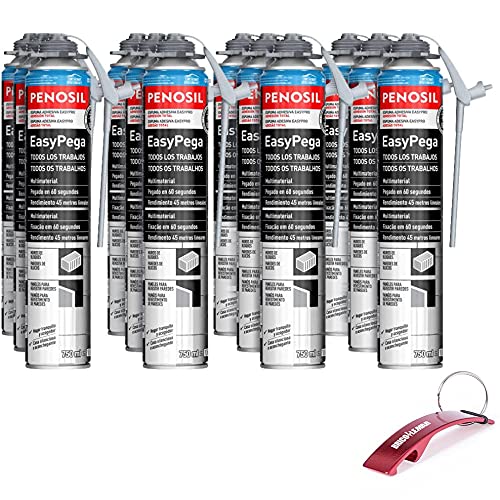 Kit Espuma Poliouretano Adhesivo Universal EasyPega con Cánula 12 Botes de 750ml Gris + Llavero/Abrebotellas de Regalo (12 Botes EasyPega + Llavero de Regalo)