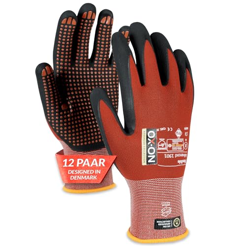 OX-ON Flexible Advanced 1901 Red Work Gloves, Extremely Durable Safety Gloves, Secure Precise Grip, Protective & Comfortable Nitrile Gloves, Dotted Palm For Extra Grip, Sanitised - 12pairs, Size 9 / L