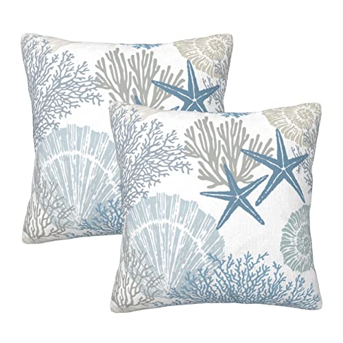 Nautical Coastal Throw Pillow Covers Set of 2 Ocean Themed Beach Seashell Coral Starfish Couch Pillow Cases Outdoor Sofa Cushion Cover Modern Decor for Bed Living Room, 18" x 18"