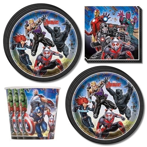 HOME & HOOPLA Avengers Superhero Paper Dessert Plates and Marvel Hero Napkins and Cups (Serves 16)