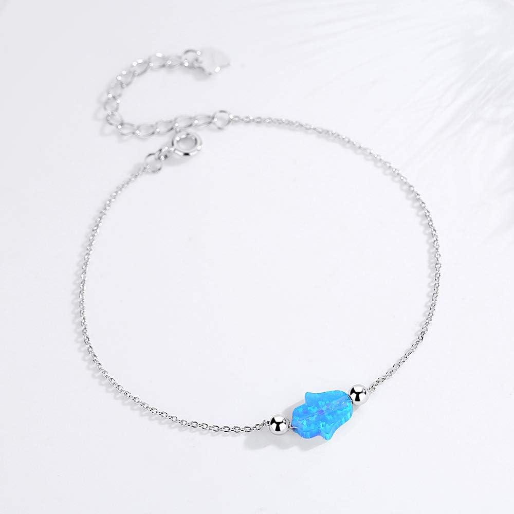 Blue Synthetic Opal Hamsa Hand of Fatima Bracelet Sterling Silver 925 Adjustable Cable Chain 6.5"+1.5" - Image 4
