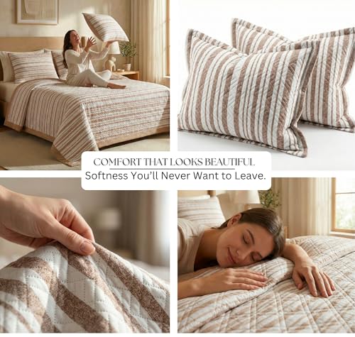 Image of BSB HOME 100% Cotton Ultrasonic Quilted Bedspread Set - 280 Thread Count, Stitch-Free Soft Lightweight Coverlet, King Size 90 x 100 Inches, Breathable Bed Cover with 2 Pillow Cases (Terracotta & Sand) | Breathable Material