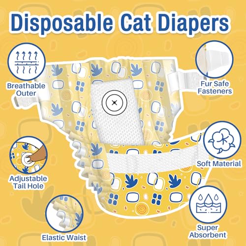 Image of Pet Soft Disposable Cat Diapers - Diaper for Female & Male Cats, Puppy Doggie Diapers for Female Dogs with Adjustable Foam Tail Hole, Medium (24Pcs, Yellow)