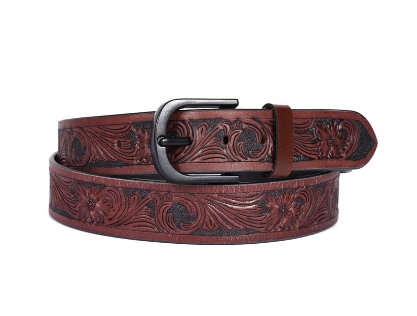 Image of Celtic Genuine Leather Belt for Men | Floral Tooled Casual Belt with Matte Metal Pin Buckle | Adjustable Fit for Office Travel Weekend Everyday Wear | Gifts for Men | Brown Black (38)