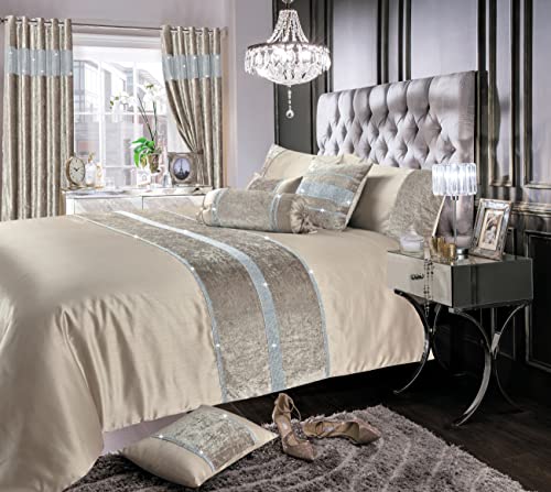 Intimates Luxury Crushed Velvet Diamante Sparkle Bands Complete Bedding Set Duvet Cover and Pillowcase Set (Natural, Double)