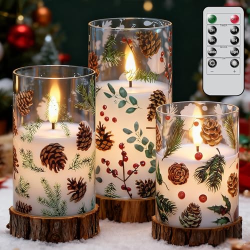 Image of Christmas Flameless Candles with Pinecone Decals, 3 Pcs Glass LED Battery Operated Candles with Remote Timer and 3D Flickering Flame for Christmas Holiday Home Decor(Set of 3, D3 inch x 4 inch5 inch6 inch)